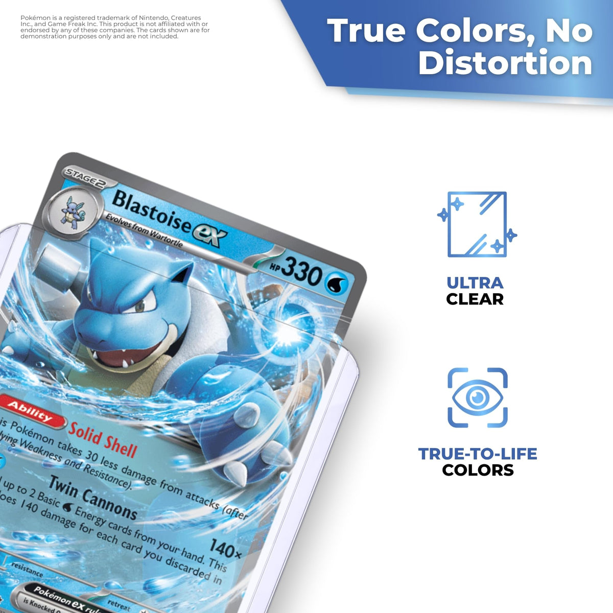 Toploader transparente que muestra la carta Pokémon con sus colores reales