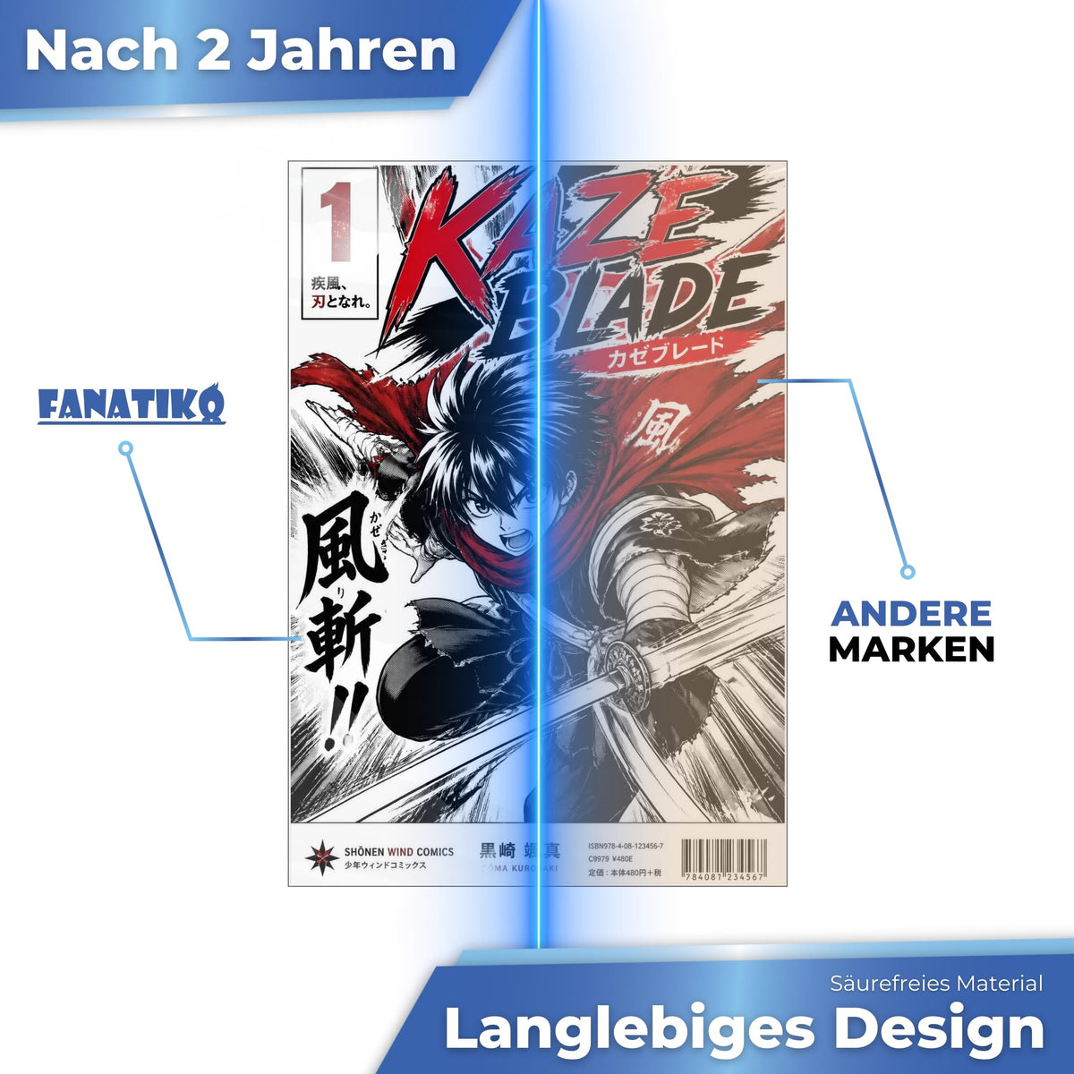 Säurefreie Fanatiko Hülle nach 2 Jahren klar im Vergleich zu einer anderen Marke