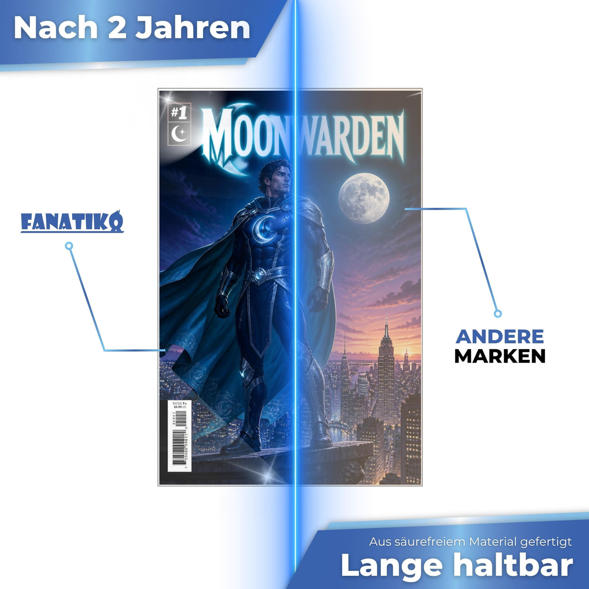 Säurefreie Fanatiko Hülle nach 2 Jahren klar im Vergleich zu einer anderen Marke