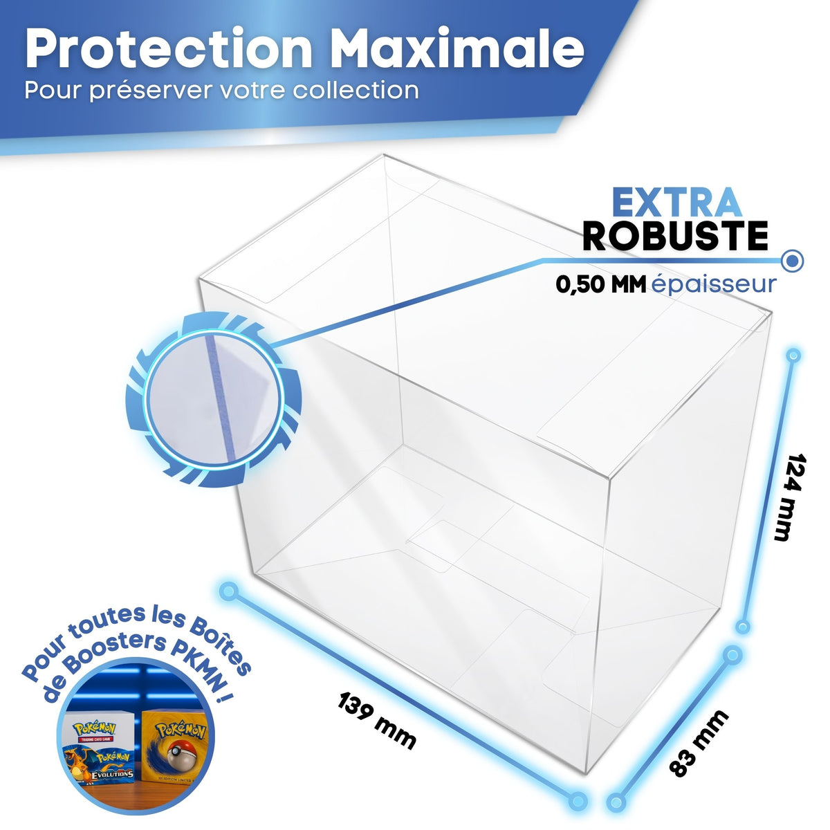 Protection Booster Box Pokémon GOLD SERIES : intérieur 139 x 63 x 124 mm, 0,50 mm d'épaisseur