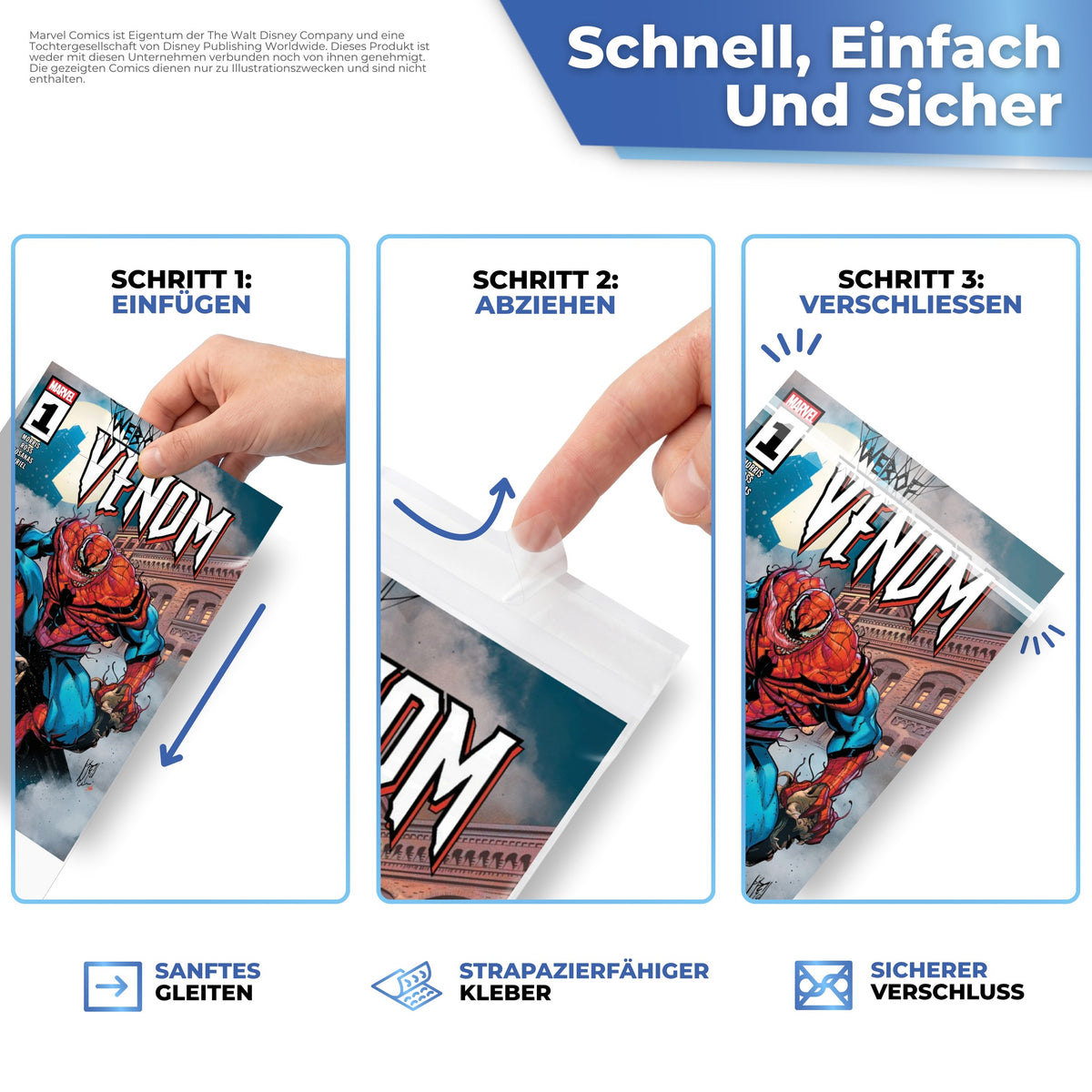 Schnell und sicher: einschieben, Streifen abziehen, verschließen