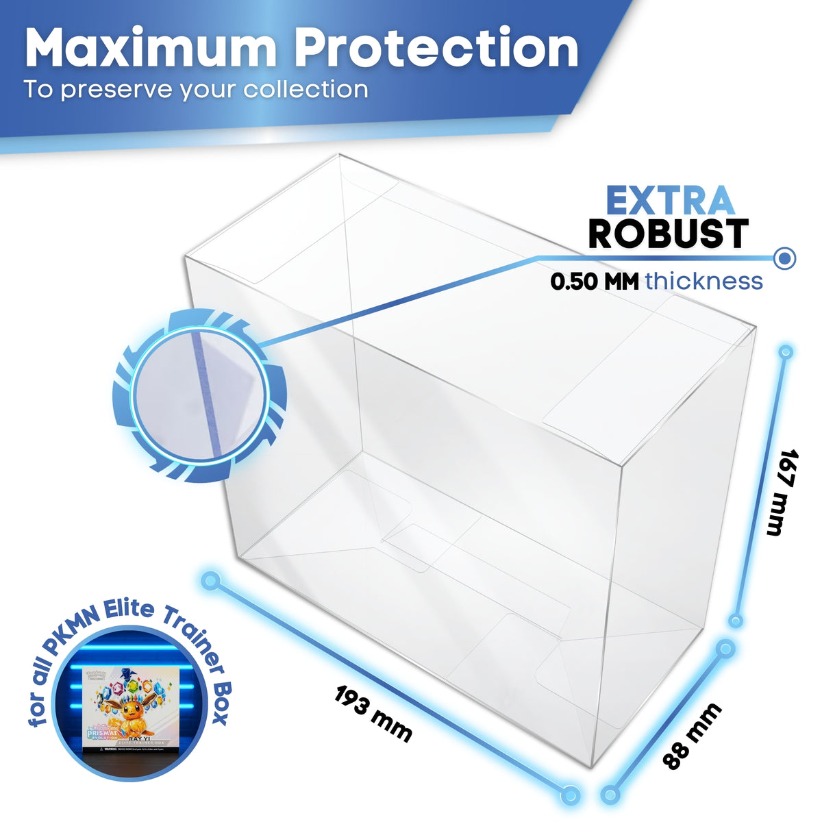 Pokémon ETB protector GOLD SERIES: internal measurements 193 x 88 x 167 mm, 0.50 mm thick