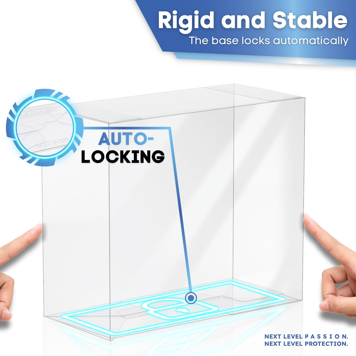 Auto-locking base: rigid and stable ETB protector
