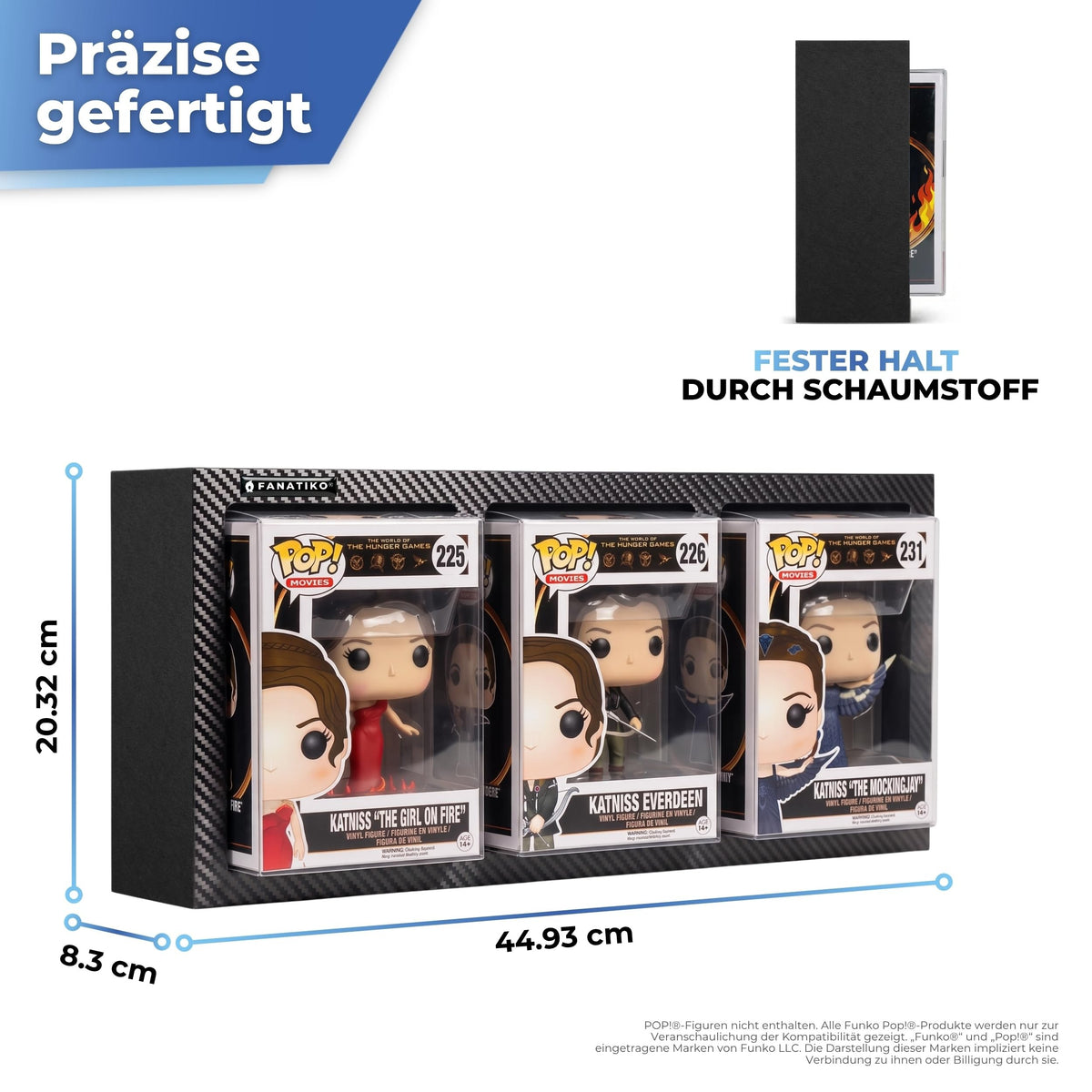 Maße des Wanddisplays für 3 Funko Pops mit Schaumstoffhalt