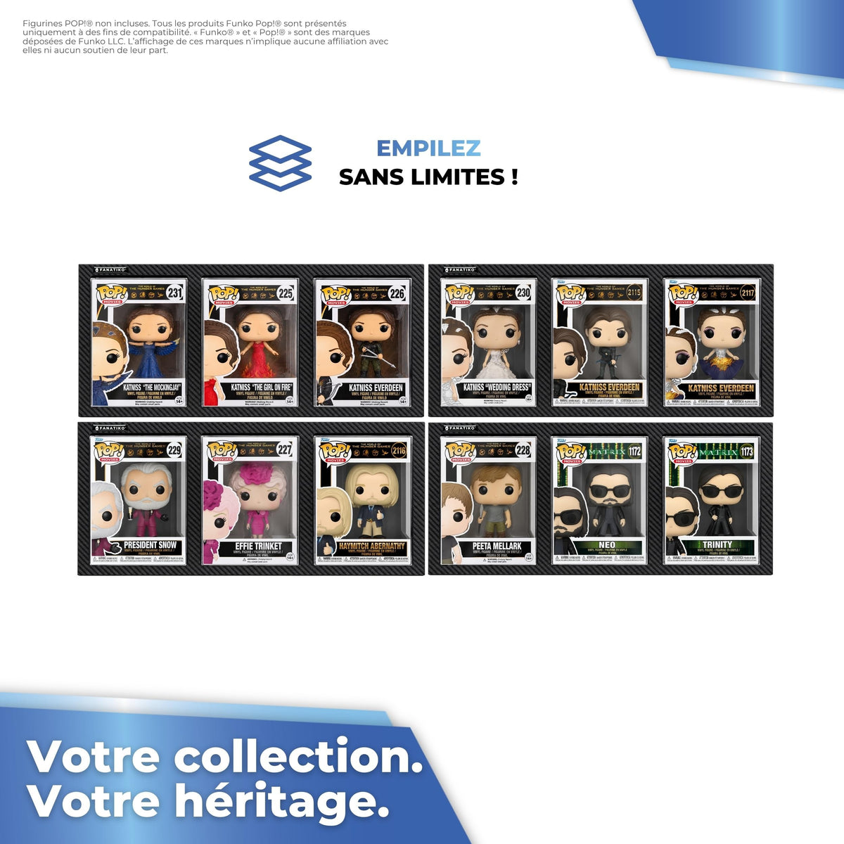 Plusieurs présentoirs Funko Pop fixés au mur