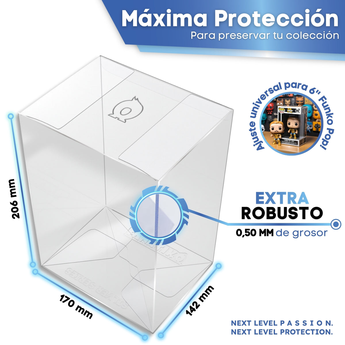 Protector Funko Pop 6" GOLD SERIES: medidas 208 x 170 x 142 mm y 0,50 mm de grosor