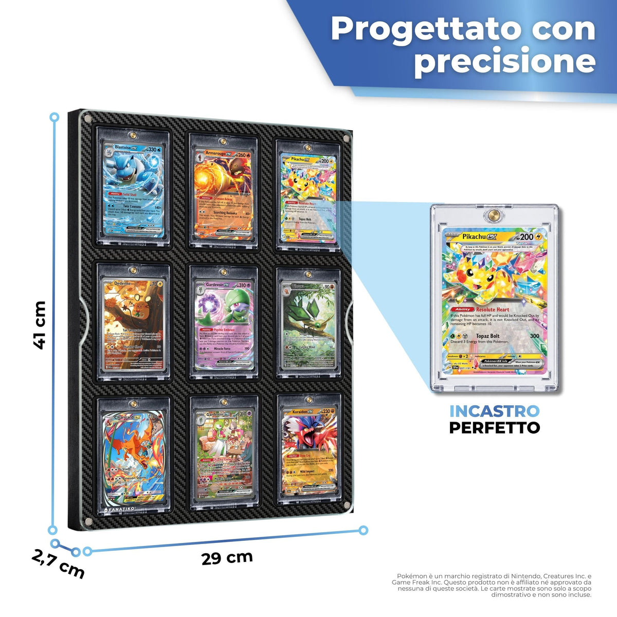 Misure dell'espositore per 9 carte in porta carte magnetici