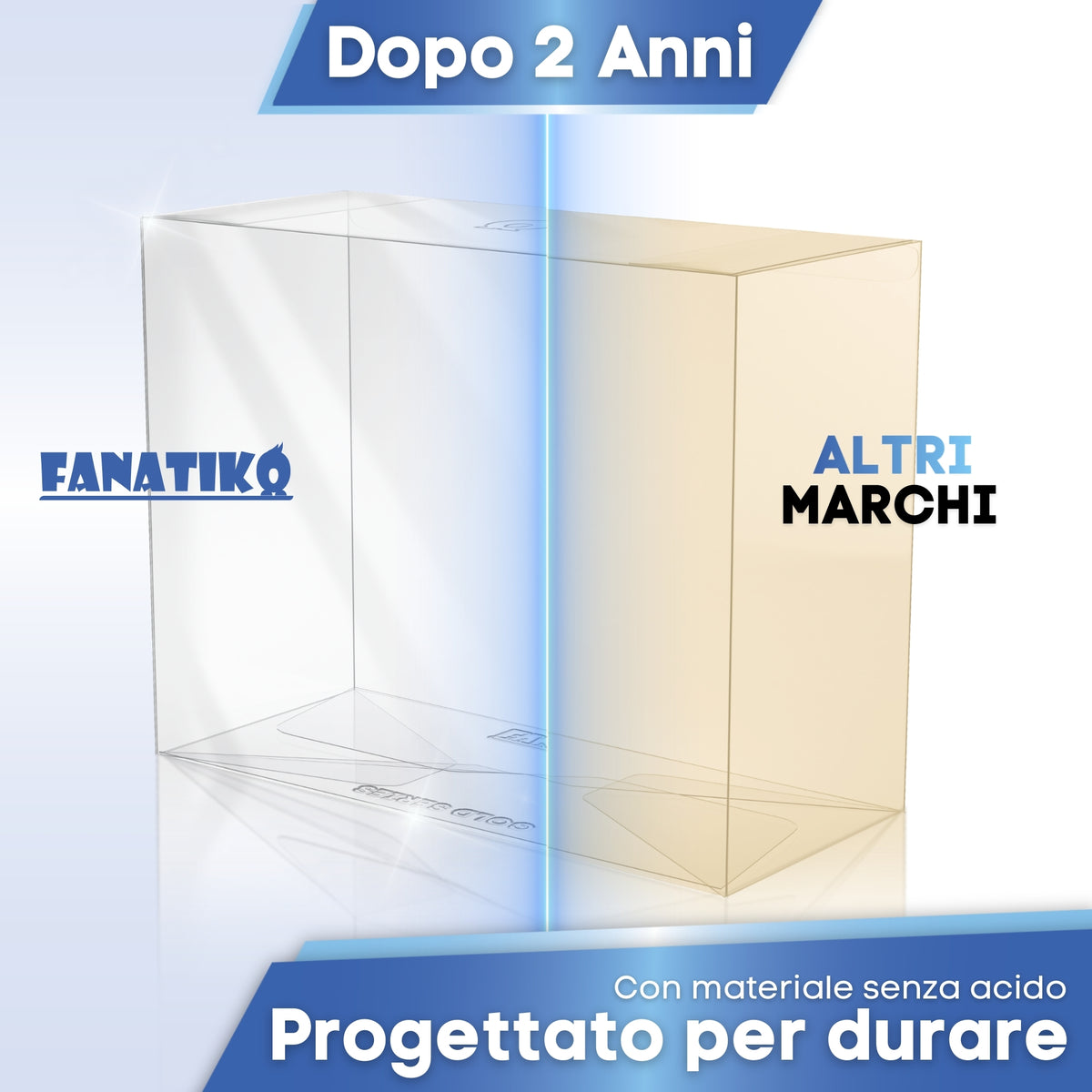 Protezione Fanatiko trasparente dopo 2 anni accanto a una ingiallita di altra marca