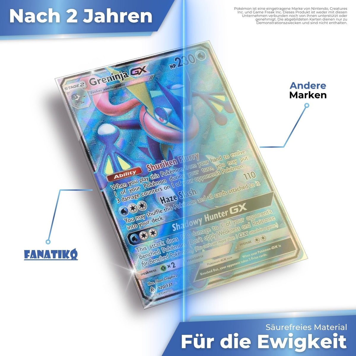 Säurefreie Fanatiko Hülle nach 2 Jahren klar im Vergleich zu einer anderen Marke