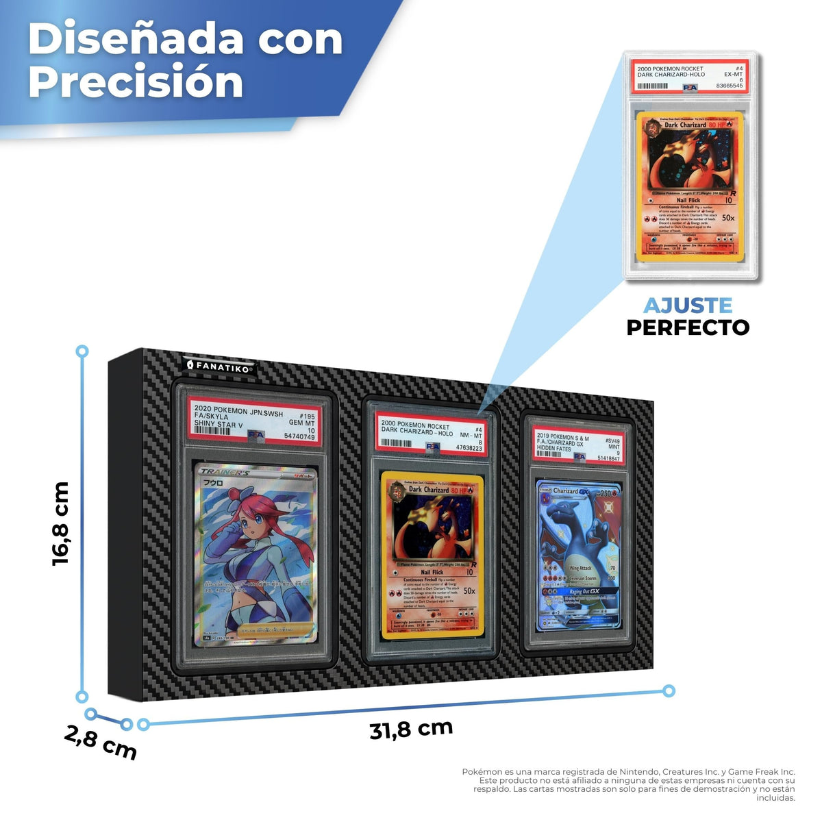 Medidas del expositor de pared para 3 cartas gradeadas