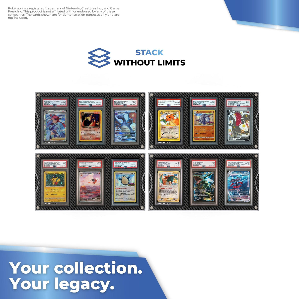 Several graded card displays stacked on the wall