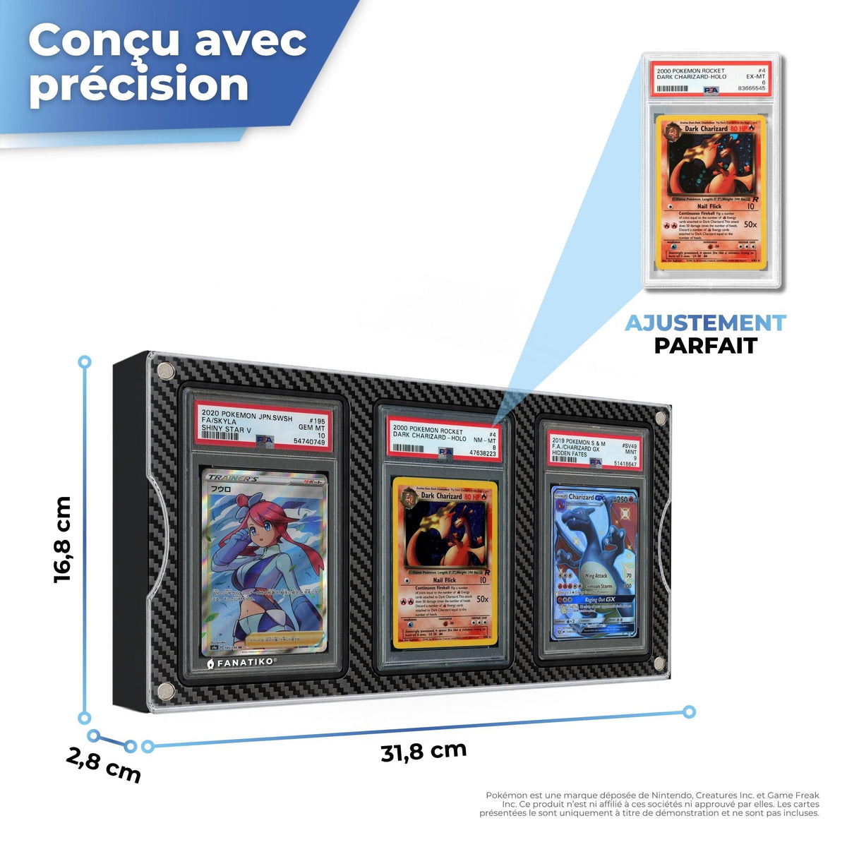 Dimensions du présentoir pour cartes gradées avec logements Friction Fit