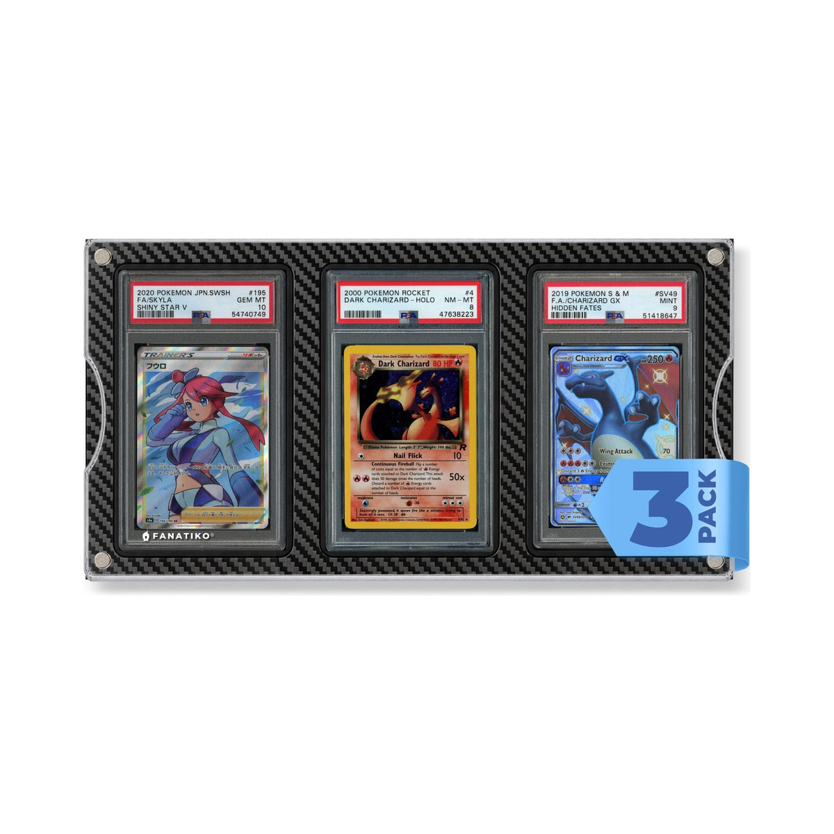 3-pack of Fanatiko Pro wall displays for 3 graded cards with acrylic front