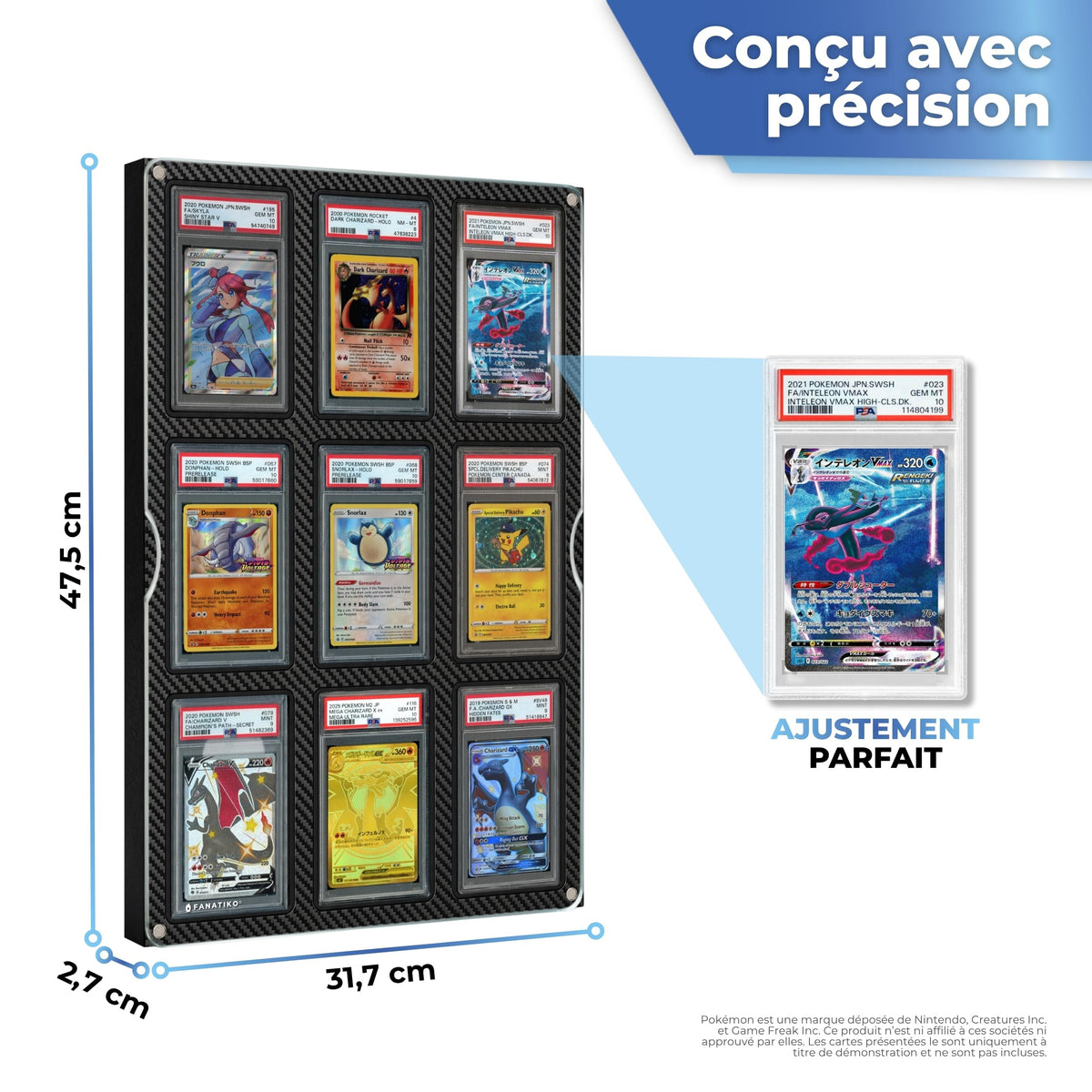 Dimensions du présentoir pour cartes gradées avec logements Friction Fit