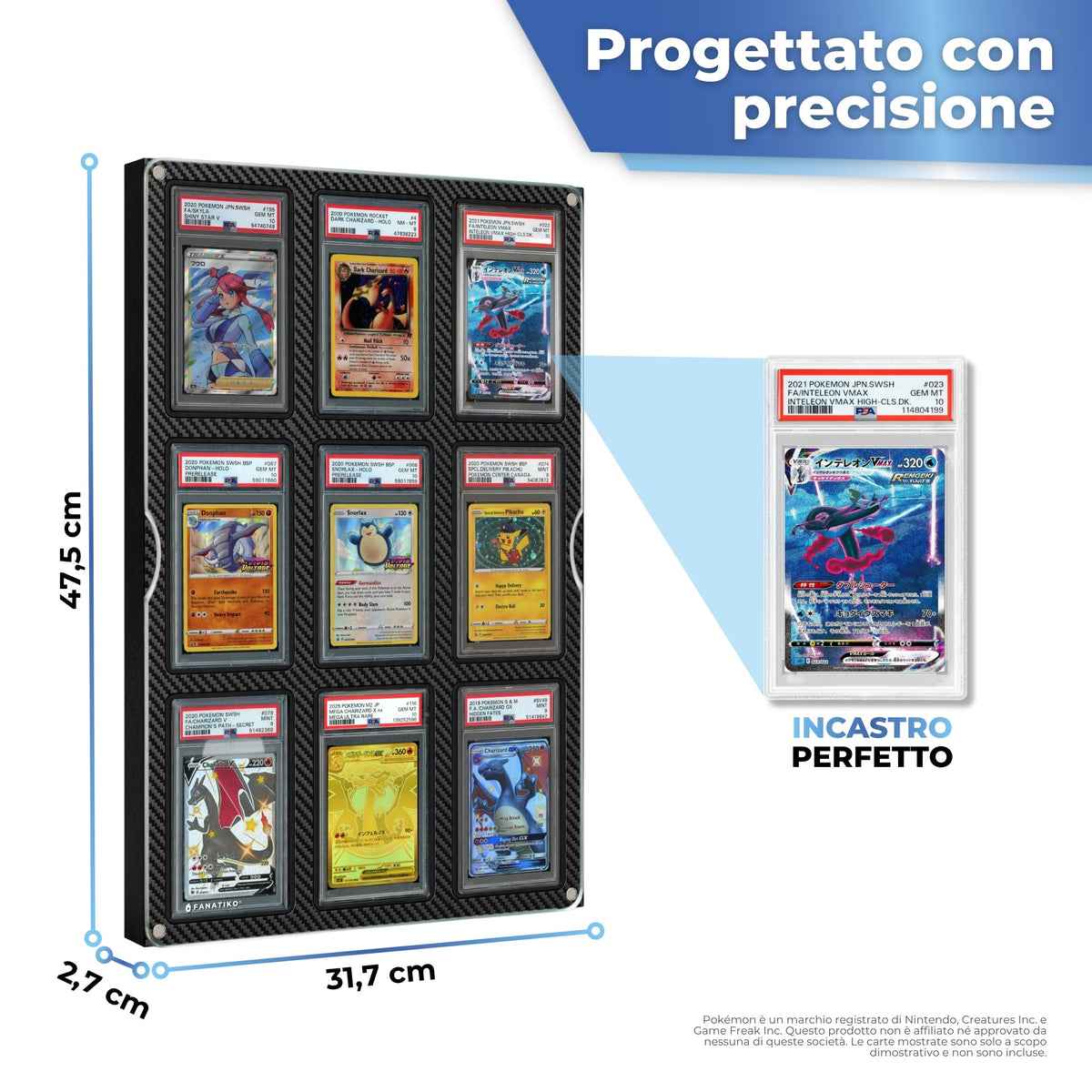 Misure dell'espositore per carte gradate con alloggi Friction Fit