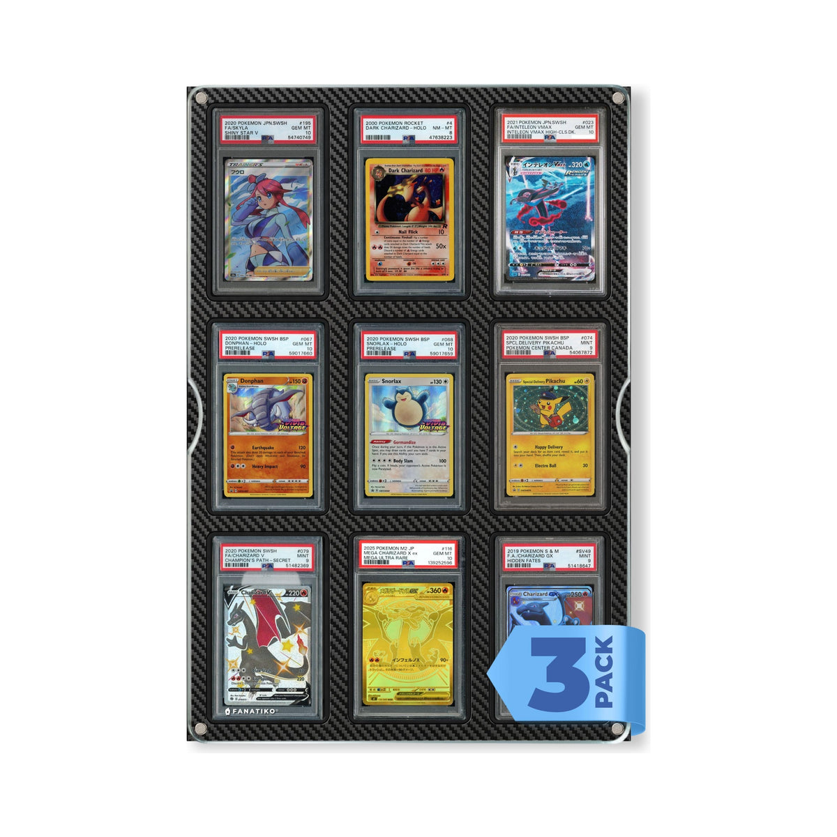 3-pack of Fanatiko Pro wall displays for 9 graded cards with acrylic front