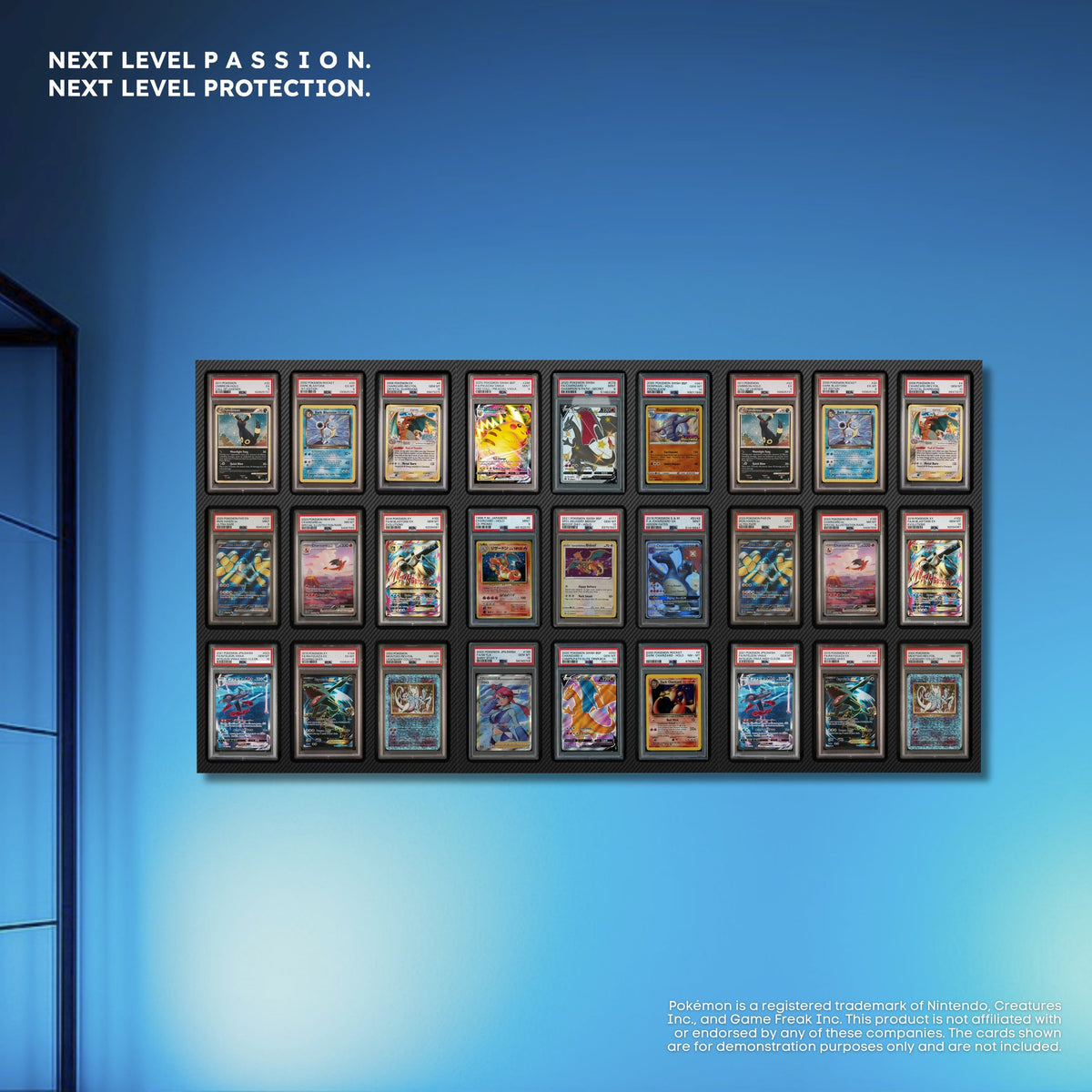 Graded card display mounted on the wall