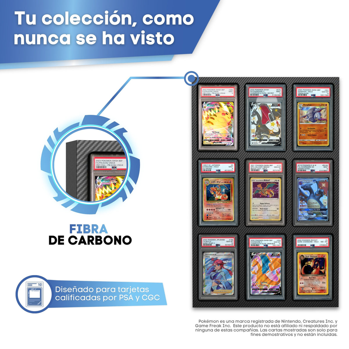 Expositor de cartas gradeadas con acabado de fibra de carbono, diseñado para slabs PSA y CGC