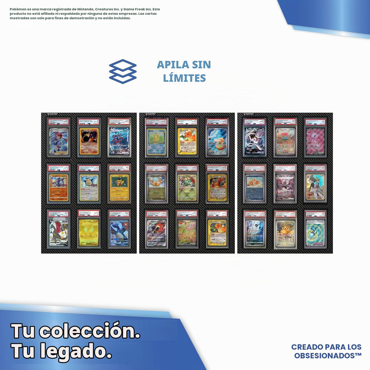 Varios expositores de cartas gradeadas montados en la pared