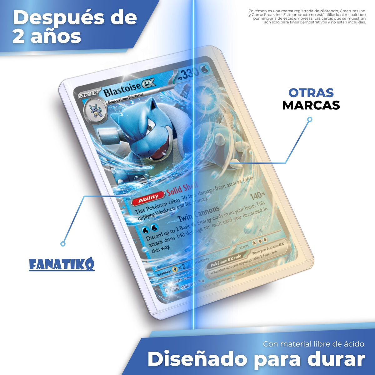 Toploader Fanatiko sin ácido, transparente tras 2 años frente a otra marca