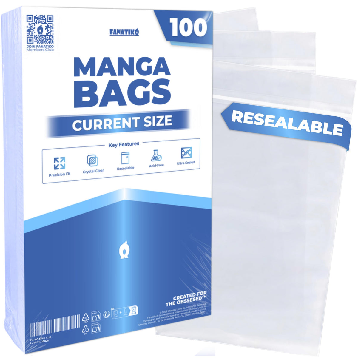 Acid-free manga sleeves in current size with adhesive closure, pack of 100