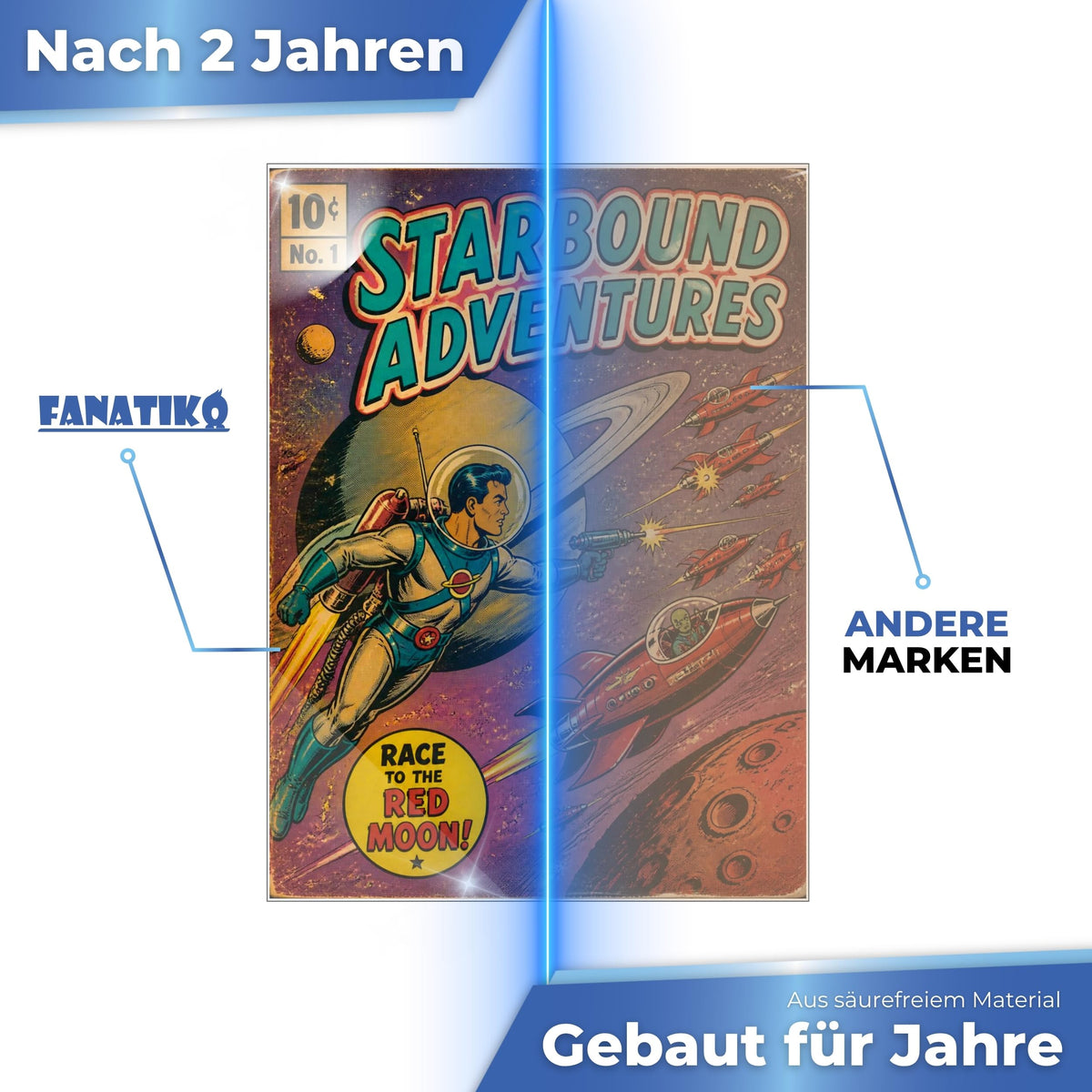Säurefreie Fanatiko Hülle nach 2 Jahren klar im Vergleich zu einer anderen Marke