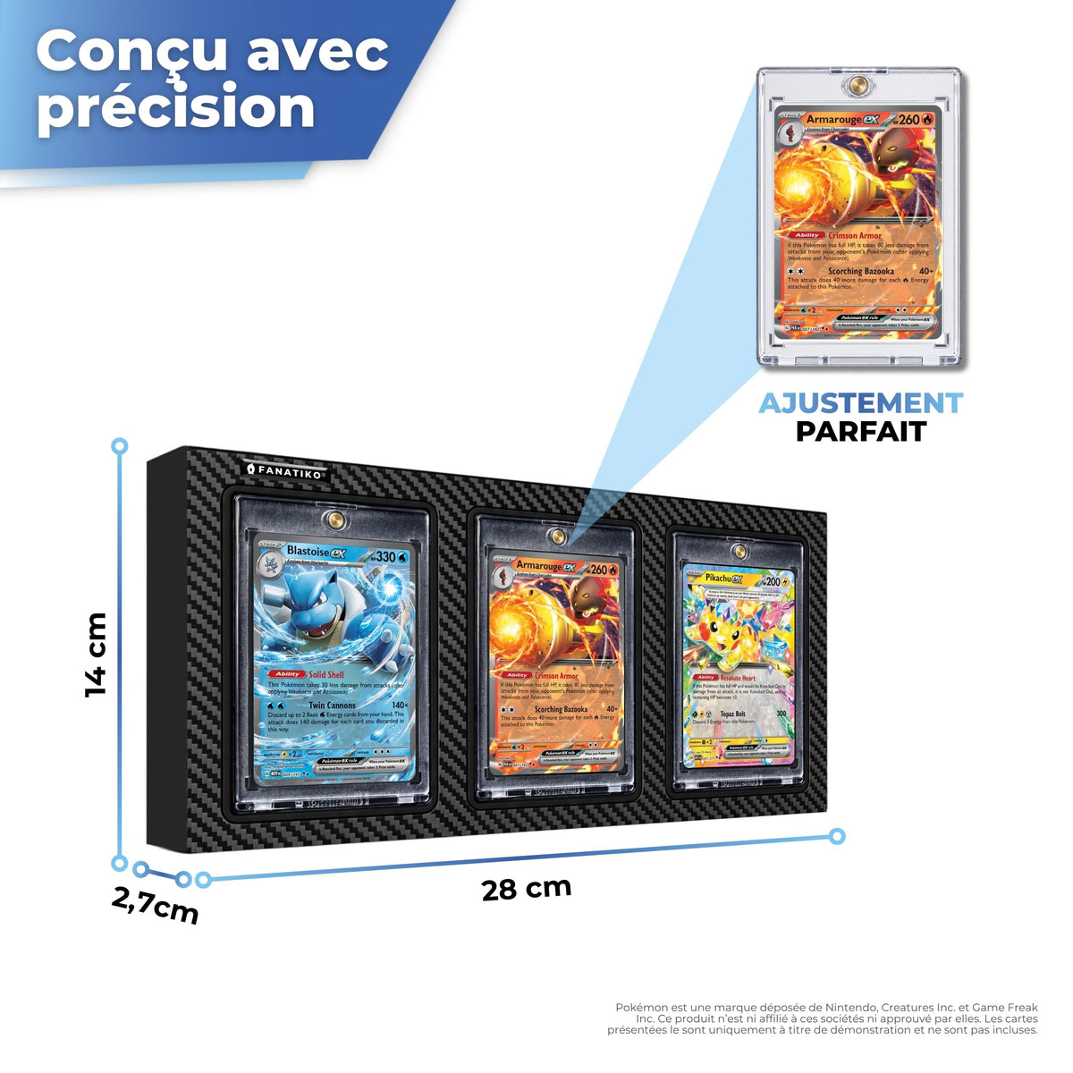 Dimensions du présentoir pour 3 cartes en étuis magnétiques