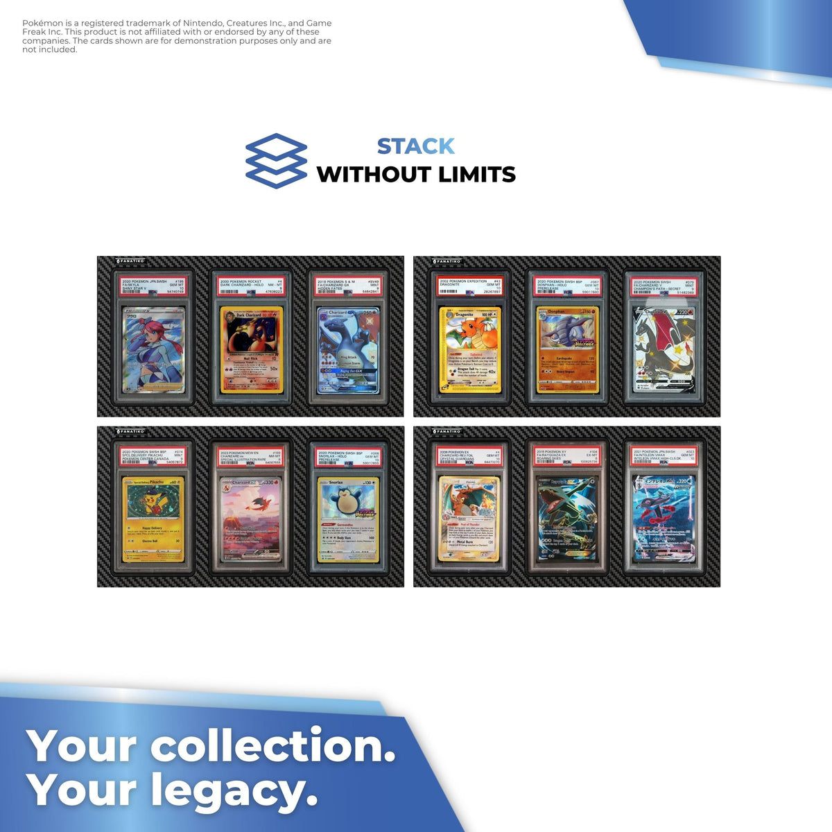 Several graded card displays stacked on the wall