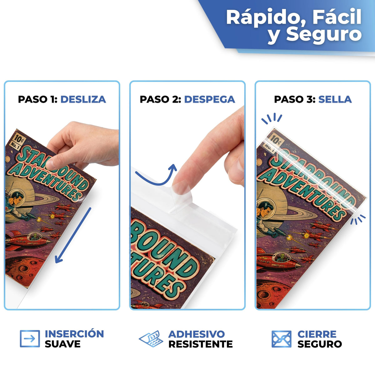 Rápido y seguro: desliza, retira la tira y sella