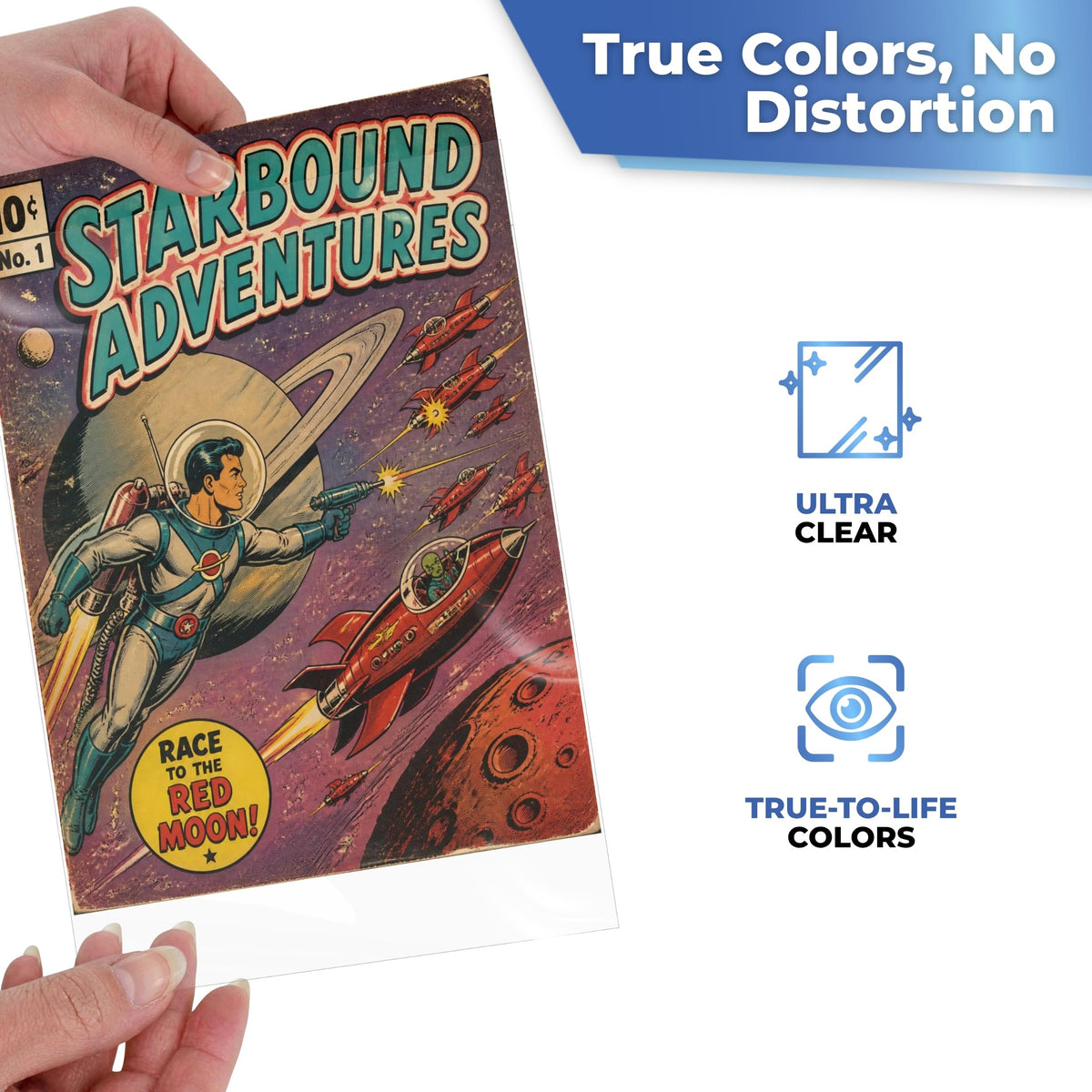Ultra-clear sleeve with true-to-life cover colours