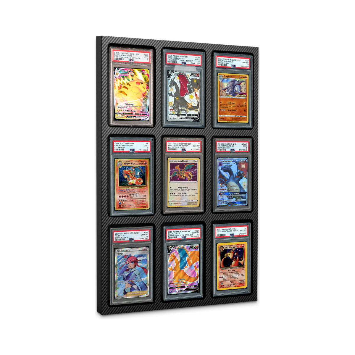 Expositor de cartas PSA colgado en la pared con un slab graduado #Pack_all
