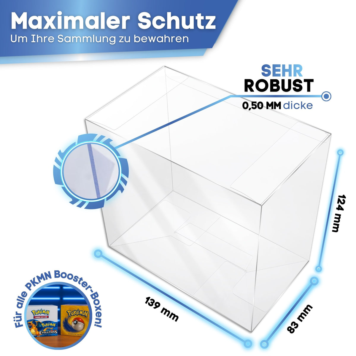 Pokémon Booster Box Schutzhülle GOLD SERIES: innen 139 x 63 x 124 mm, 0,50 mm stark