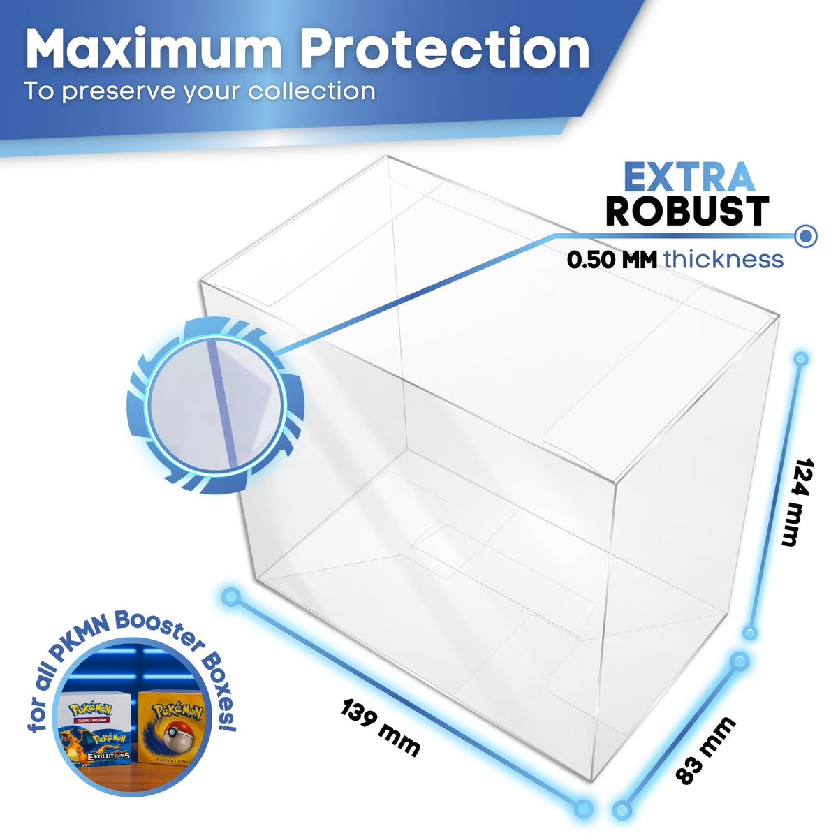 Pokémon Booster Box protector GOLD SERIES: internal measurements 139 x 63 x 124 mm, 0.50 mm thick
