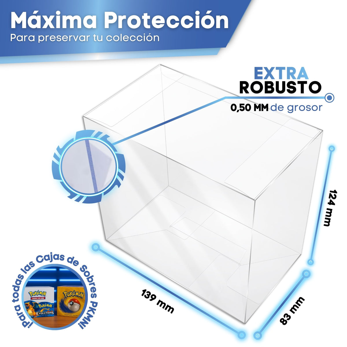 Protector Booster Box Pokémon GOLD SERIES: medidas interiores 139 x 63 x 124 mm y 0,50 mm de grosor