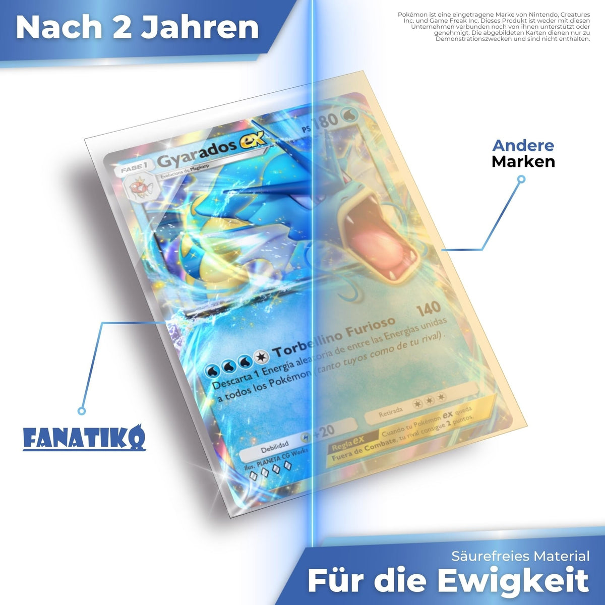 Säurefreie Fanatiko Hülle nach 2 Jahren klar im Vergleich zu einer anderen Marke