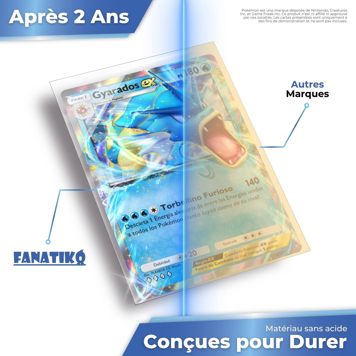 Pochette Fanatiko sans acide, transparente après 2 ans face à une autre marque