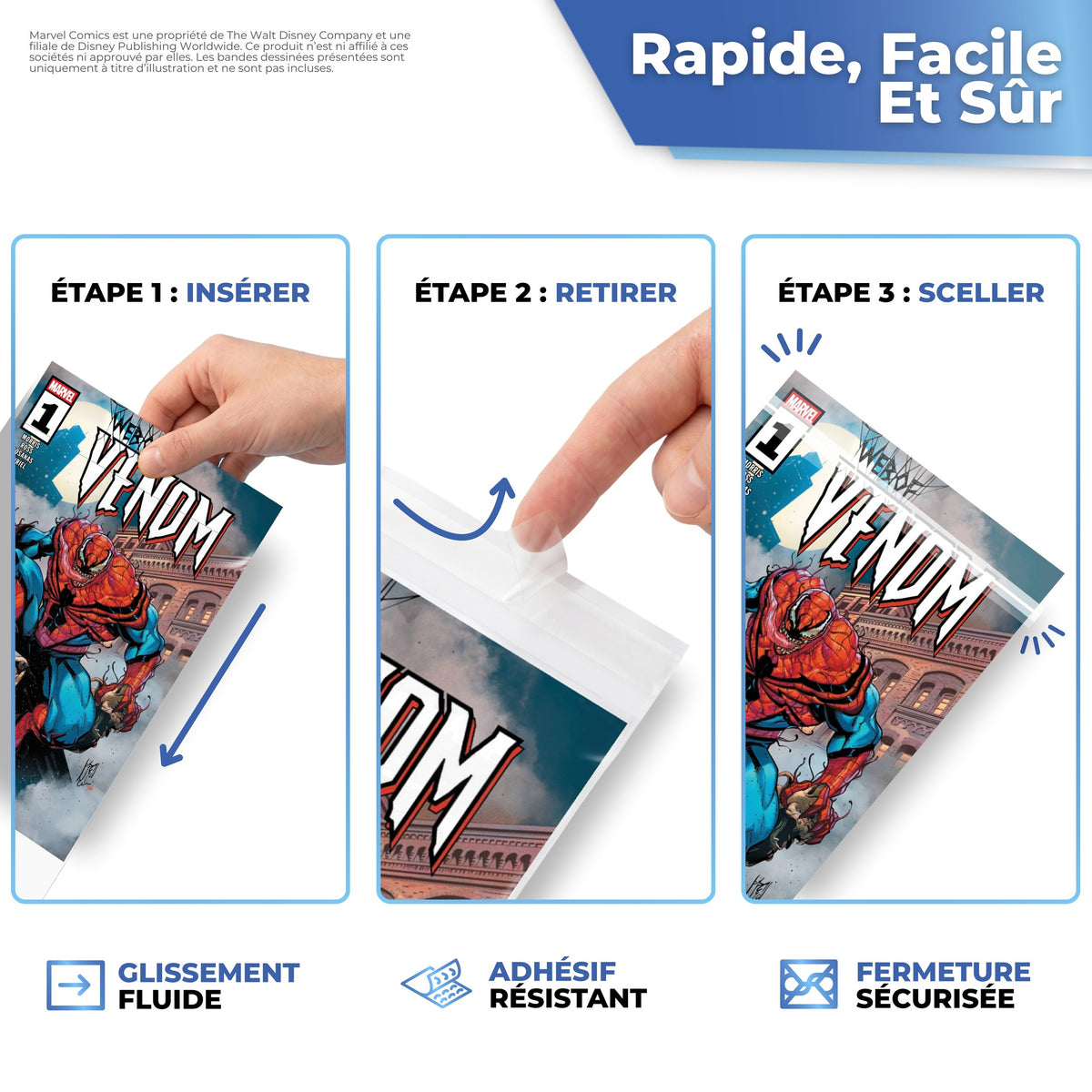 Rapide et sûr : glissez, retirez la bande et scellez