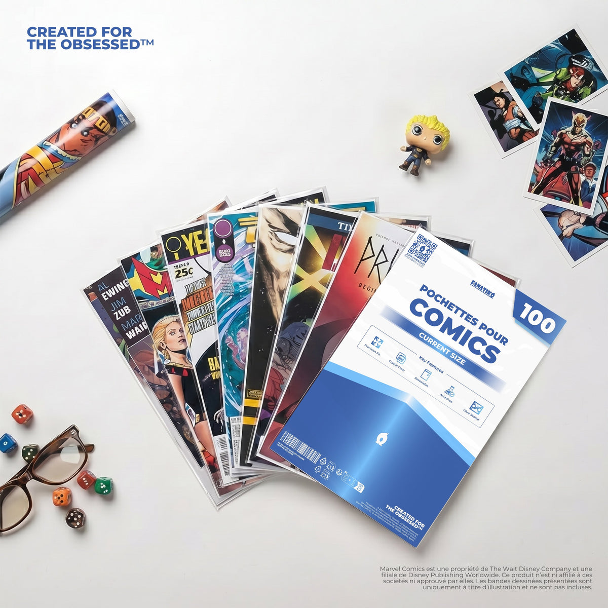Collection de comics rangée dans des pochettes Fanatiko