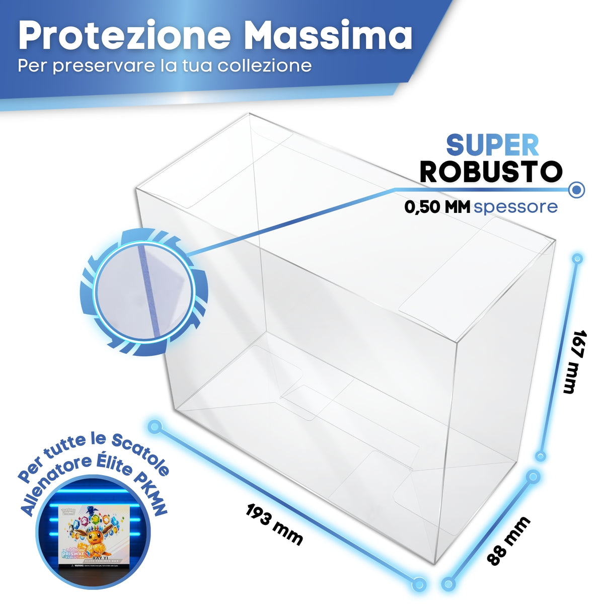 Protezione ETB Pokémon GOLD SERIES: interno 193 x 88 x 167 mm, spessore 0,50 mm