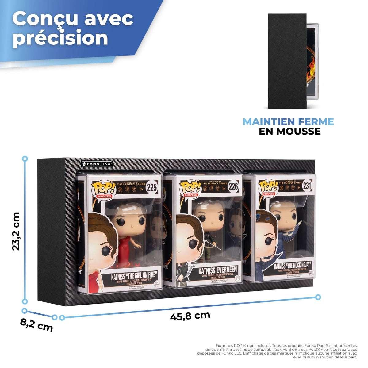 Dimensions du présentoir mural pour 3 Funko Pop avec maintien en mousse