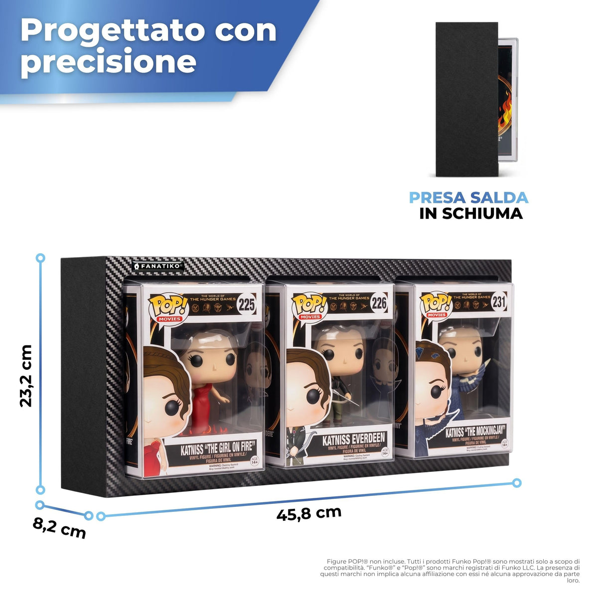 Misure dell'espositore da parete per 3 Funko Pop con presa in schiuma
