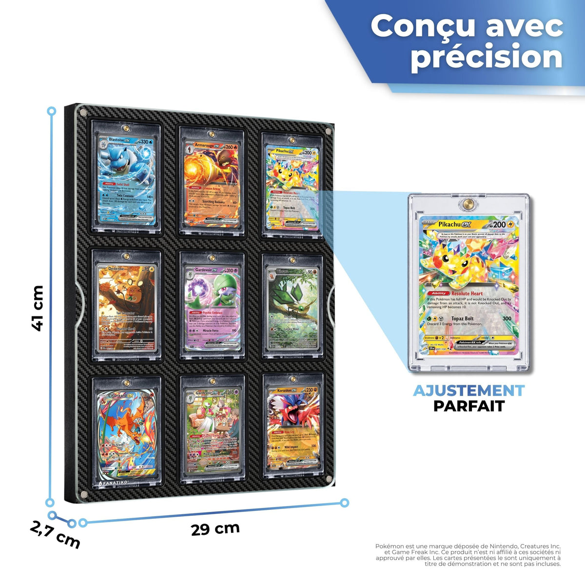 Dimensions du présentoir pour 9 cartes en étuis magnétiques