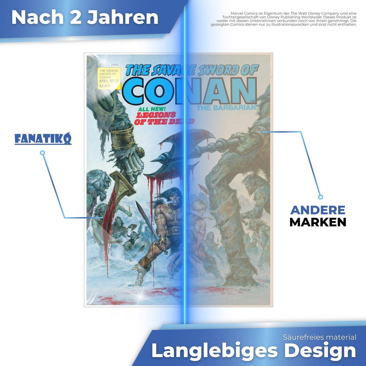 Säurefreie Fanatiko Hülle nach 2 Jahren klar im Vergleich zu einer anderen Marke
