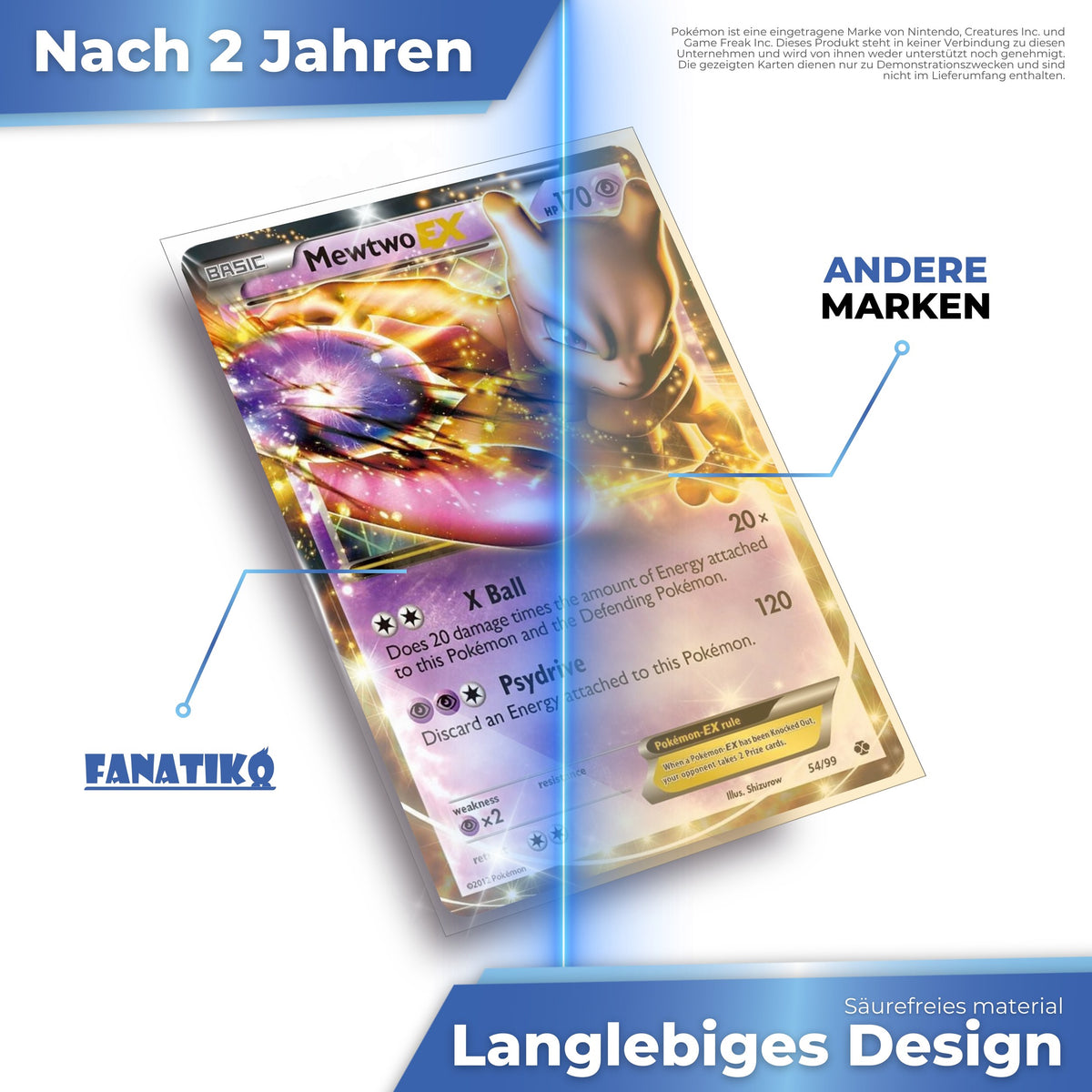 Säurefreie Fanatiko Hülle nach 2 Jahren klar im Vergleich zu einer anderen Marke