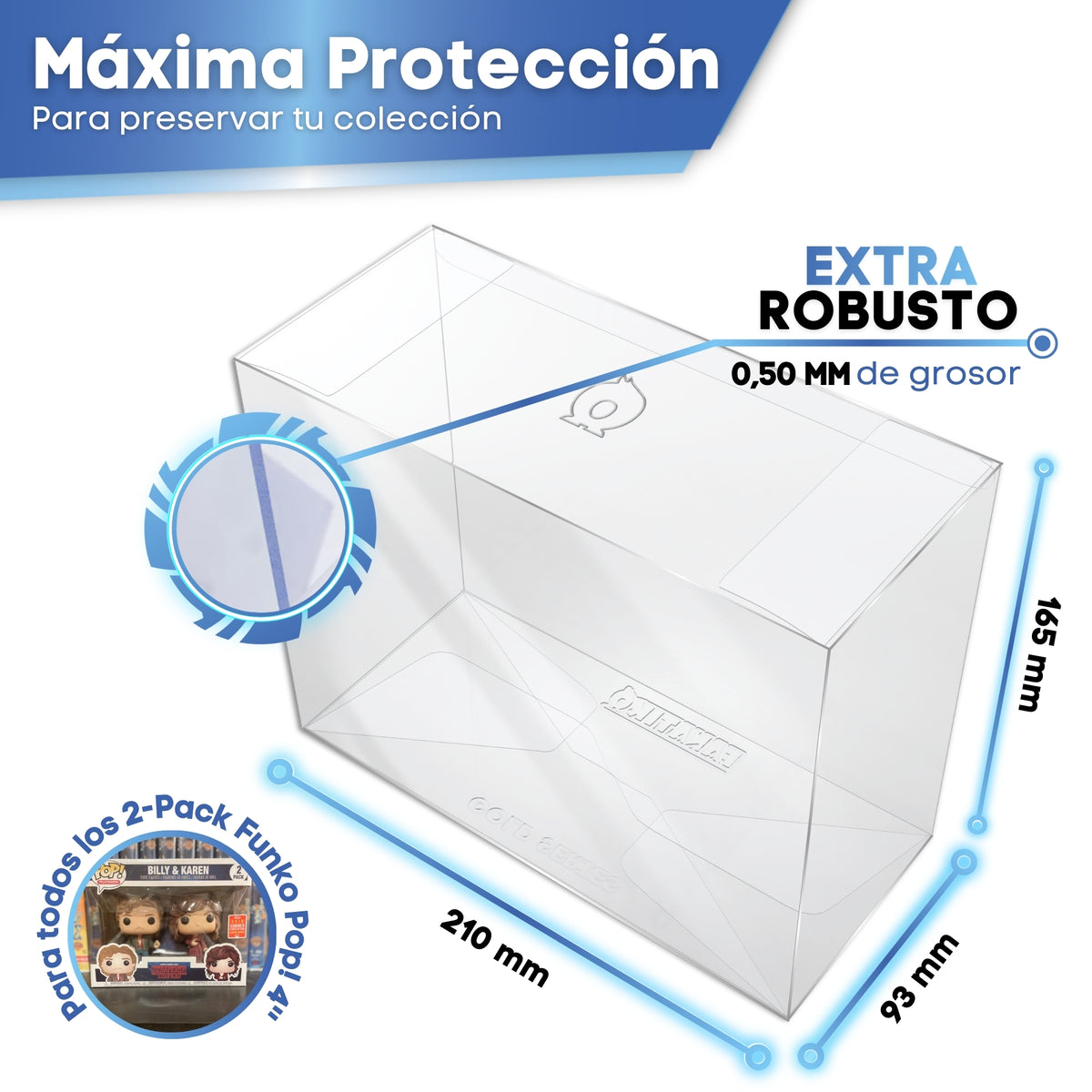Protector Funko Pop 2-Pack GOLD SERIES: medidas 210 x 165 x 93 mm y 0,50 mm de grosor