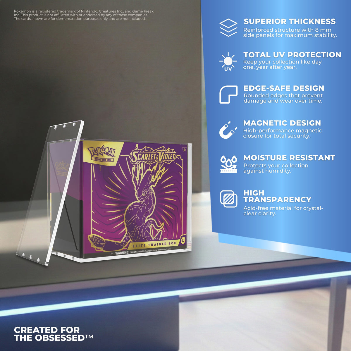 PLATINUM ETB case features: thickness, UV, edge-safe, magnetic, moisture resistant, clear