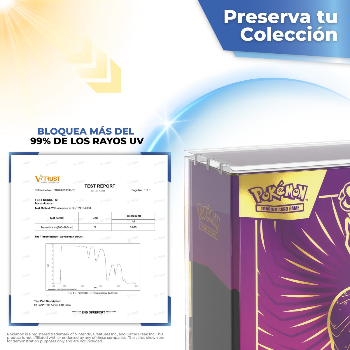 Funda acrílica ETB que bloquea más del 99 % de los rayos UV, con informe de laboratorio