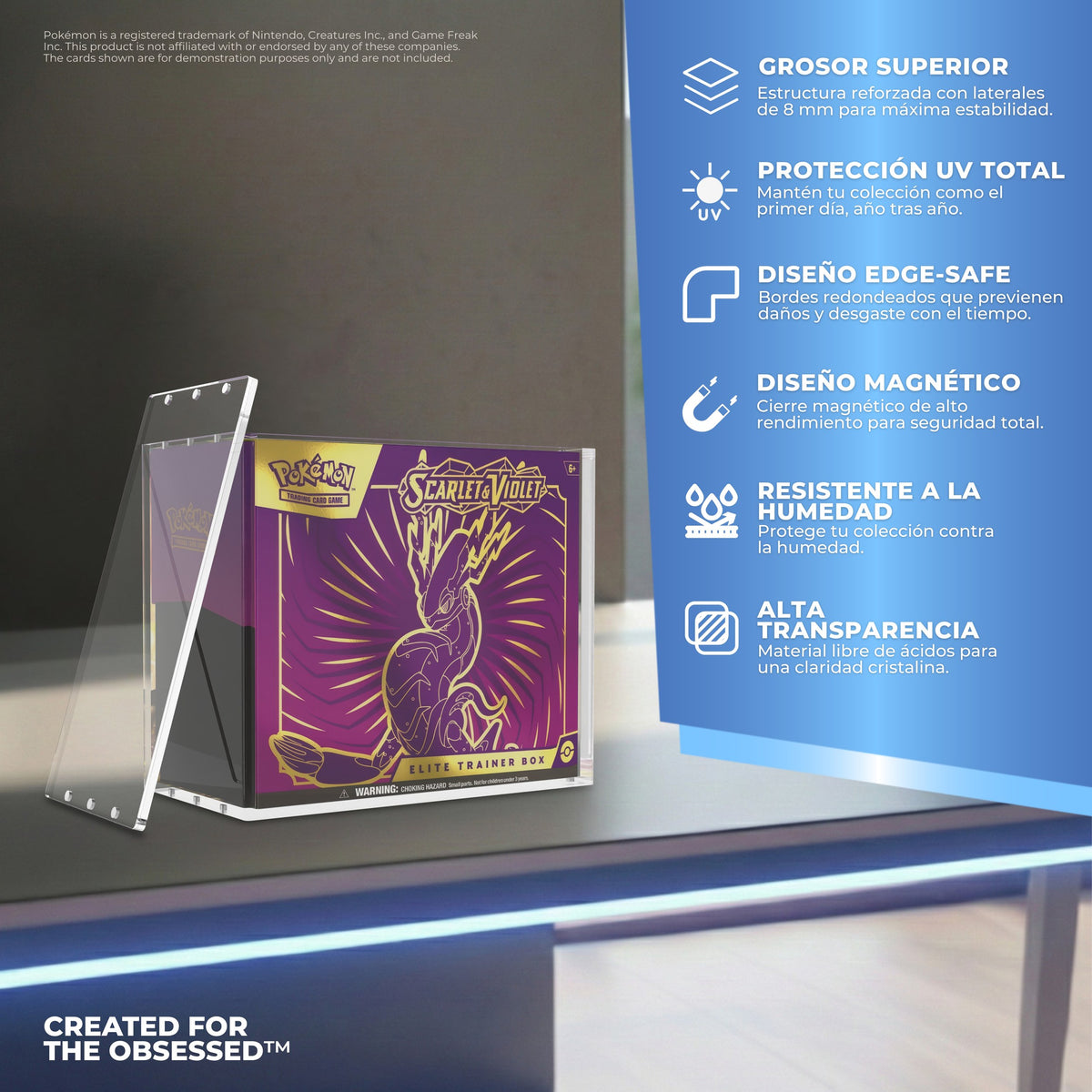 Características de la funda ETB PLATINUM: grosor, UV, cantos seguros, imán, humedad y transparencia