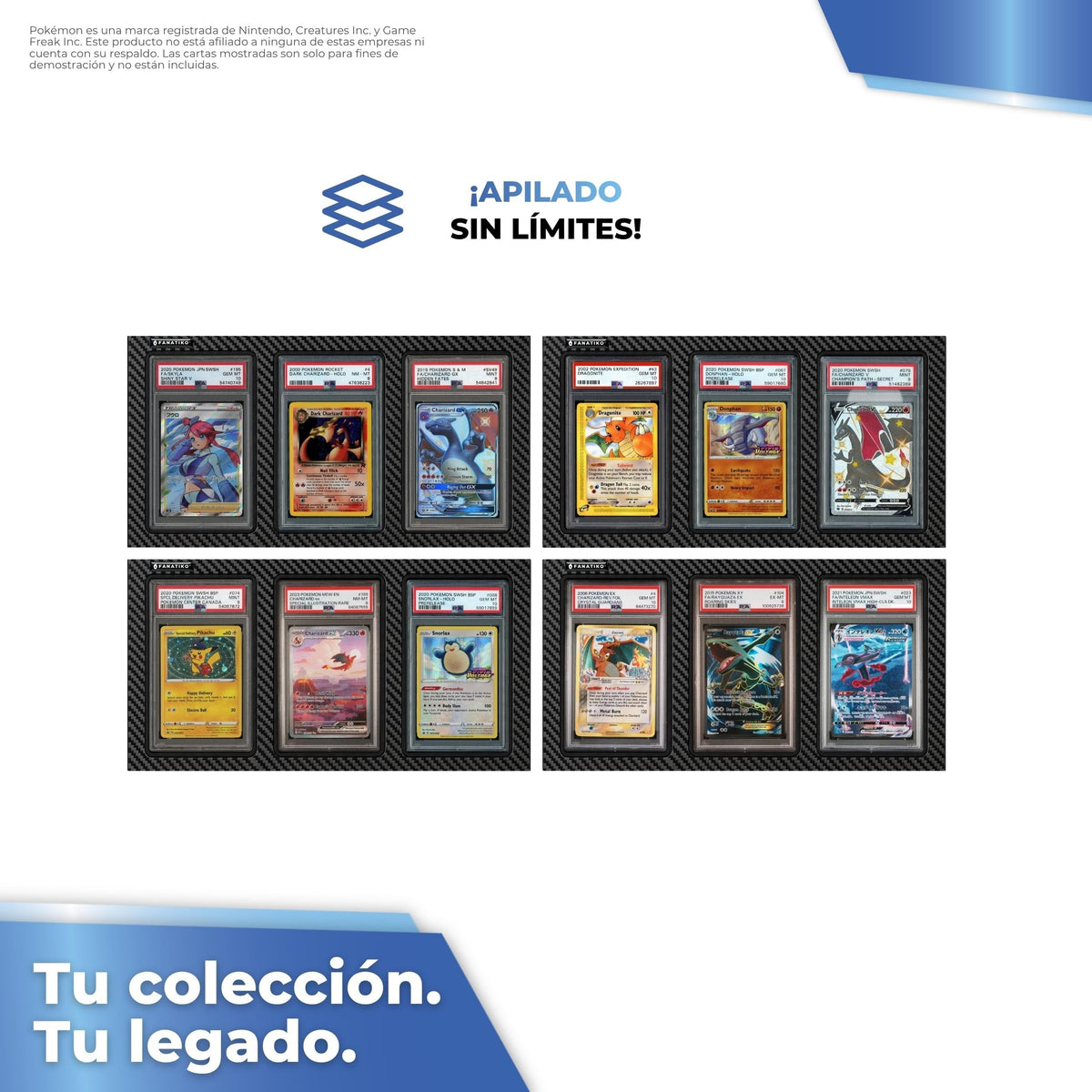 Varios expositores de cartas gradeadas montados en la pared