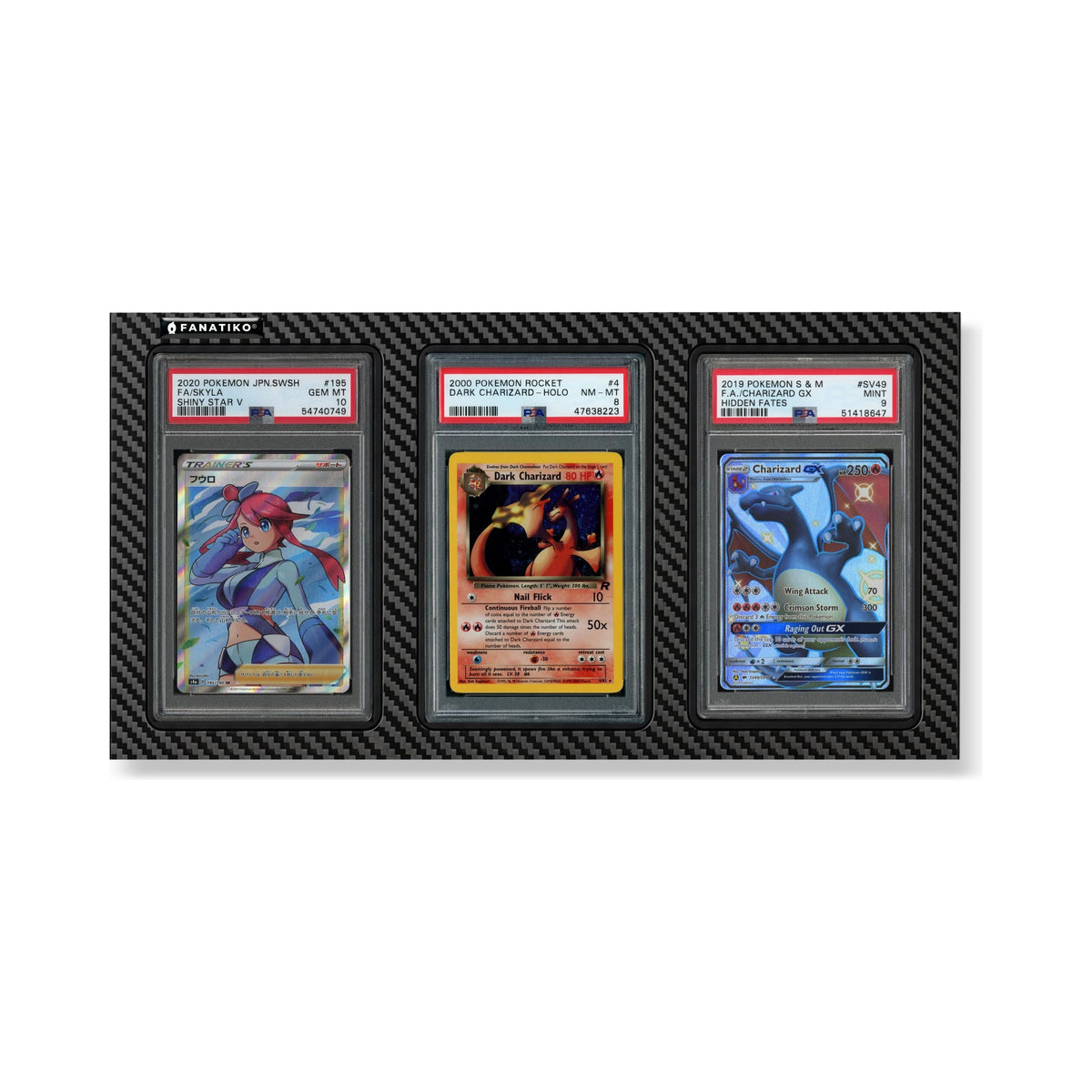 Fanatiko wall display for 3 PSA or CGC graded cards in carbon fibre EVA foam